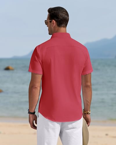 Image of J.VER Mens Linen Shirt Short Sleeve Button Down Casual Summer Shirts | Cotton Linen, Untucked, Big Tall, from Beach Camp Vacation, Cruise Fishing, Work Office, to Wedding Party Family, with Pocket