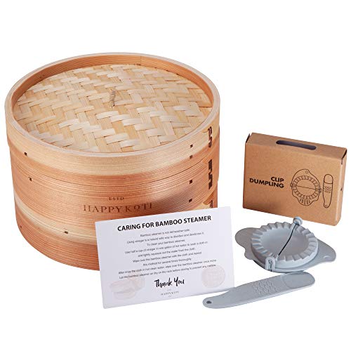 Happykoti Bamboo Steamer Basket for Dumpling, Dim Sum Dumplings, Vegetables, Meat, Seafood with Dumpling Maker â€“ 2 Tier Basket Design 10 Inch Dumpling Steamer - Steamer Baskets for Cooking