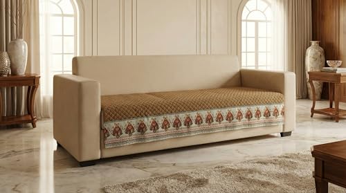 Image of Velvet Quilted Sofa Cover Mat Seat & Back, 4 Seater, L90in H32in, Gold Color,Anti Skid Backing, 6in Hanging Strap Design, Washable Soft, Anti Slip, Separate M, Style -Gold-S4