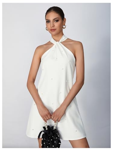 Floerns Women's Pearl Beaded Halter Twist Sleeveless Tie Back Dress A Line Dress4