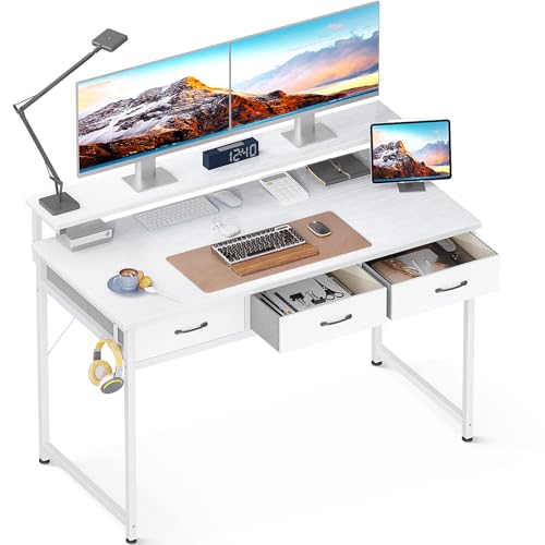 ODK Mesa Escritorio, Mesa Ordenador con Cajón, Escritorio de Oficina con Ajustables Soporte para Monitor Escritorio de Computadora para Dormitorio, Hogar, Oficina (120x50x74cm, Blanco)
