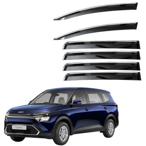 Image of CAR SAAZ Unbreakable Door Visor for CARENS (Set of 6Pcs)|Stylish & Durable, Chrome Lined Wind /Rain Deflector