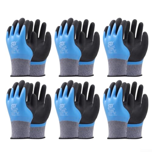 6 pares de guantes de espuma de látex resistentes con palma texturizada para un agarre antideslizante y resistencia mecánica en obras de construcción