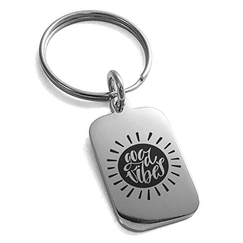 Stainless Steel Good Vibes Sun Small Rectangle Dog Tag Charm Keychain Keyring