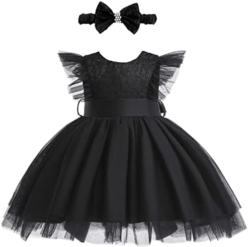 Weileenice Black Baby Girls Funeral Dress 24M/ 18-24 Flutter Sleeve Sheer Back Toddler Princess Wedding Birthday Outfit Lace Bow Headband Infant Flower Girl Formal Holiday Tutu Tulle Dresses Christmas