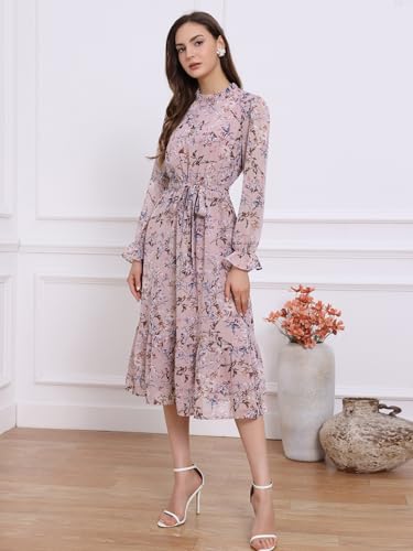 Image of Allegra K Fall Casual Floral Dress for Women 2025 Long Sleeve Crew Neck Chiffon Midi Tea Party Ruffle Dresses