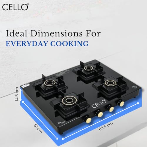 Image of Cello PEARL PLUS GT 4 Burner Gas Stove - Flower Design Brass Burners, 6mm Toughened Glass, Heavy-Duty Brass Valves, Flame Guard Pan Supports