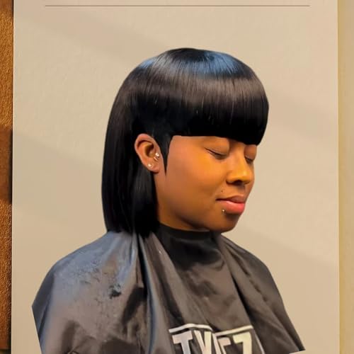 MGOKEMAY Mullet Wig for Women 12inch Pixie Cut Wigs for Black Women Synthetic Hair Straight Haircut Bob Wig 80s90s Mullet Neat Bangs Throw On and Go Wigs