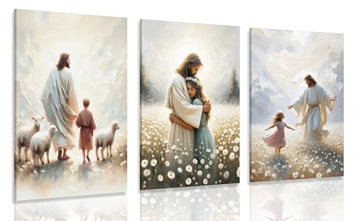 3pcs framed Christian Jesus Canvas Wall Art Jesus Embracing Children