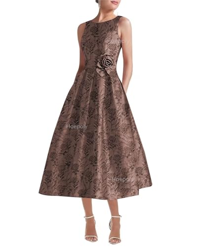 Tea Length Mother of The Bride Dresses Jacquard Floral Print Prom Dress Crew Neck Formal Evening Gowns with Pockets