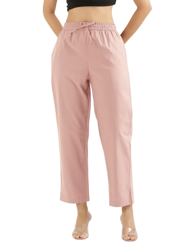 Image of SAADAA Cotton Straight Pants for Women | Breathable Everyday Wear Trousers | Drawstring, Deep Pockets & Elastic Waistband | Casual & Comfortable Fit