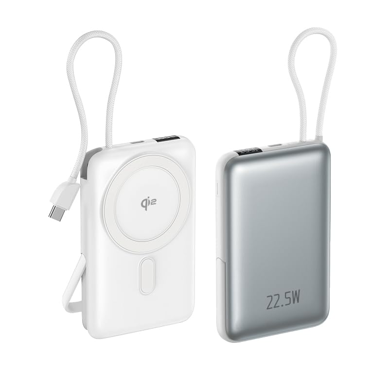 Power Bank Magnético Inalámbrico 15000mAh, Soporte Plegable, Cable Type-C Integrado, Pantalla Digital, Compatible con Varios Dispositivos, Batería Externa Portátil（Gris）