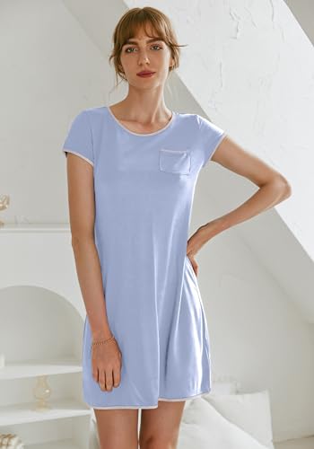 Image of Ekouaer Womens Nightgown Sleep Shirt Dress Satin Patchwork Short Sleeve Sleepwear with Pocket
