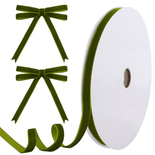 Image of Tsorode 25 Yards Velvet Ribbon for Christmas Tree Gift Wrapping,3 /8 Inch (Olive Green, 3 /8 inch)