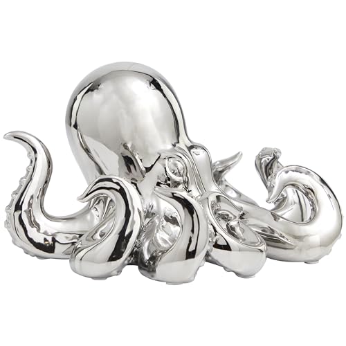 Image of Deco 79 Ceramic Octopus Decorative Sculpture Home Decor Statue with Textured Tentacles, Accent Figurine 12 inch x 11 inch x 7 inch, Silver