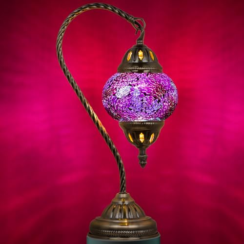 Marrakech Turkish Lamp Morrocan Table Lamps with Handmade Mosaic Glass Tiffany Style Beside Lamp with Swan Neck Bronze Base Including LED Bulb for Living Room Bedroom Decor (Shard Red)