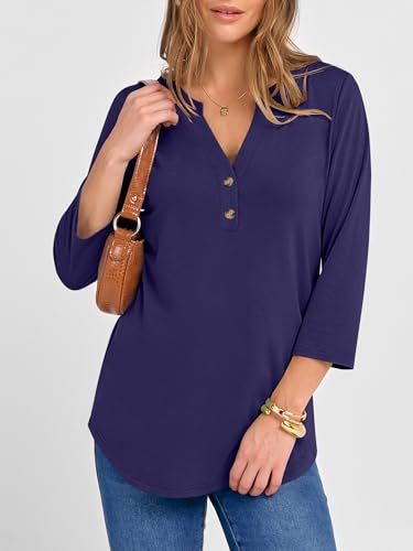 ANRABESS Women 3/4 Length Sleeve Henley Tops V Neck Business Casual Work T Shirts Cute Travel Shirt 2026 Spring Trendy Outfit Dark Blue Medium — view 3