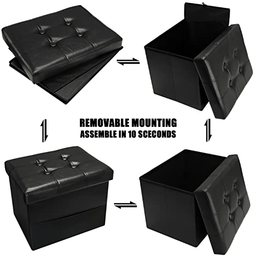 Amassmile® Folding Storage Ottoman Foot Rest Stool With Side Pocket, 16 Inch Leather Footstool Bench, Short Ottoman Bench, Storage Foot Rest Store, Books, Records Support 330 Lbs,Black #TOP6