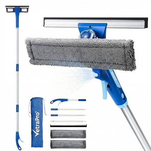 VetraPro Raclette Vitre Professionnelle – Lave Vitre 4 en 1 avec Manche Télescopique 25 à 225 cm et Pulvérisateur pour Nettoyant Vitre – Nettoyeur Vitre pour Un...