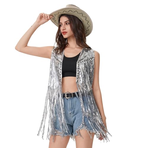 Danceislife Women Fringe Sequin Waistcoat - Tassel Jacket 70s Hippie Sparkly Cardigan Rivet Sleeveless Open Front Vest3
