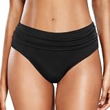 Bas Maillot De Bain Taille Haute pour Femme Élégant Bikini Taille Haute Ruched Bikini Slips Couleur Unie Triangle Short de Bain Amincissant Gainant Ventre Plat Culotte Maillot -Noir