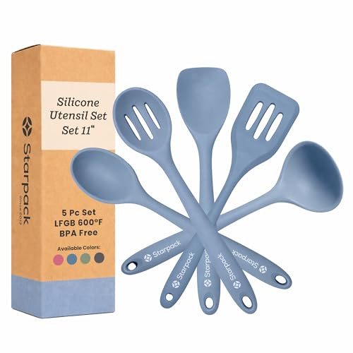 Starpack Stir and Serve Silicone Cooking Utensils Set (5-Piece, 11') - LFGB Non Toxic, 600°F Heat Resistant, BPA-Free - One-Piece Seamless, Dishwasher Safe - for Nonstick Cookware, Light Blue