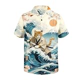 American Trends Japanese Samurai Cat Hawaii Shirt for Men - Funny Anime Graphic Button Down Short Sleeve Tropical Shirt for Summer Vacation X-Large