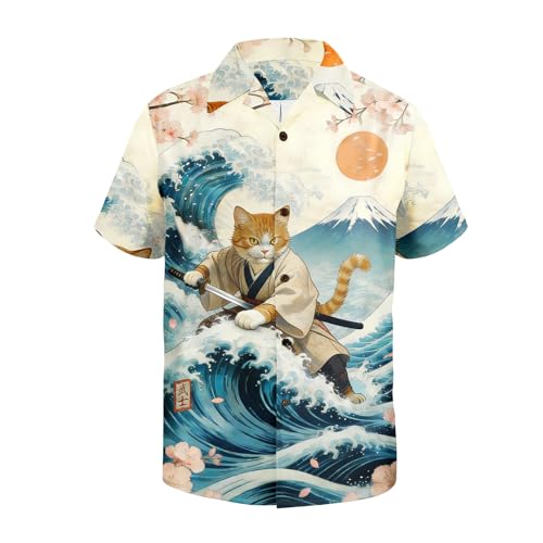 American Trends Mens Funny Hawaiian Shirts Samurai Cat Graphic Button Down Shirt Short Sleeve Japanese Art Novelty Summer Beach Vacation Tops 2X-Large