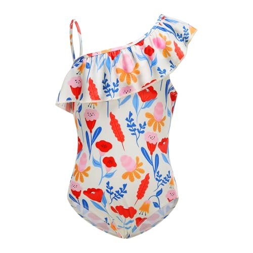 Girls One Piece Swimsuits One Shoulder Ruffle Bathing Suit Swimwear for Summer Hawaiian Runs Large Size Down for Fit