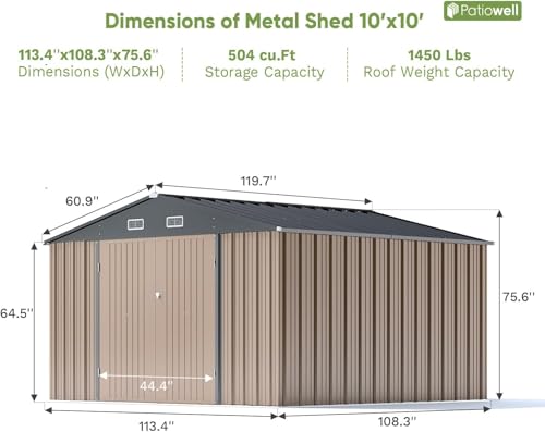 Patiowell 10 x 10 FT Outdoor Storage Shed,Metal Yard Shed with Design of Lockable Doors, Utility and Tool Storage for Garden, Patio, Backyard, Outside use,Brown