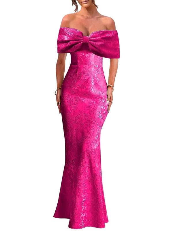 Mermaid Jacquard Satin Prom Dress Long Off Shoulder Big Bow Evening Party Formal Gowns