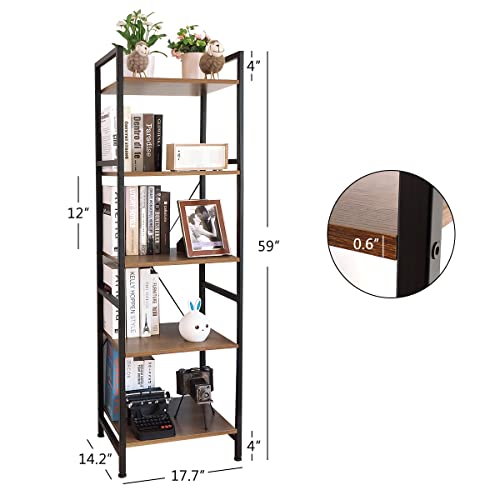 Ogcau Bookcase And Bookshelf 5 Tier Display Shelf, Industrial Bookshelf With Metal Frame, Freestanding Storage Shelves, Narrow Bookshelf For Home Office, Vintage Industrial Style, Dark Brown #TOP2