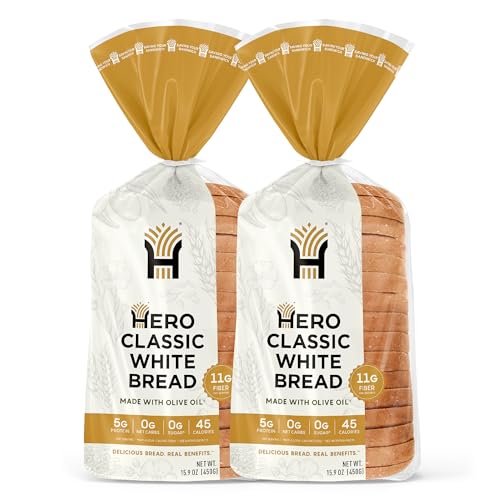 Hero Bread Classic White Bread — 0g Net Carb, 0g Sugar, 45 Calories, 11g Fiber per Slice —2 15.9oz Loaves | 15 slices per loaf