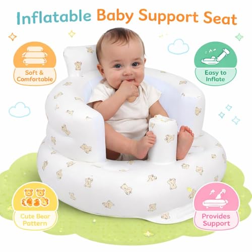 Image of Inflatable Baby Support Seat | 100% Safe Blow Up Chair with Built-in Air Pump | Blow Up Babies Chair for Sitting,Home, Travel,Feeding & Playtime | Bear for 3-36 Months