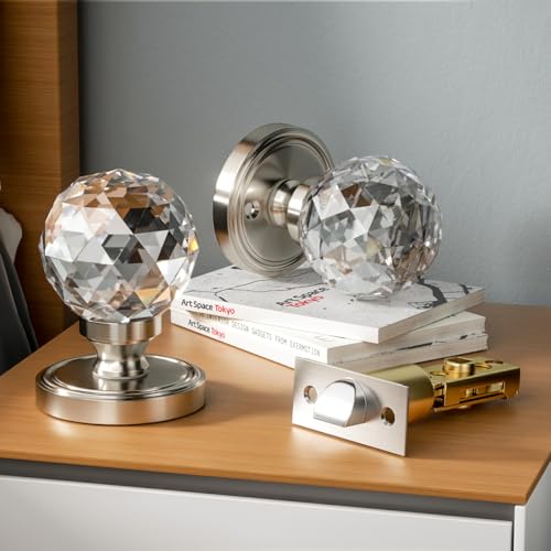 Bwintech 1 Paar Massivkristall-Türknöpfe aus gebürstetem Nickel, 65mm Palace Style Kristall-Innentürgriff mit Schloss und DIY-Schraubenset für Durchgang, Schlafzimmer, Flur