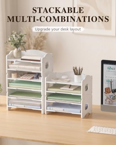 Image of WALI Desk File Organizer, 2 Tier Stackable Desktop Paper Letter Tray Organizer with Handle, Office Desk Accessories & Workspace Organizers for Office, Home, School Supplies, 1 Pack, White