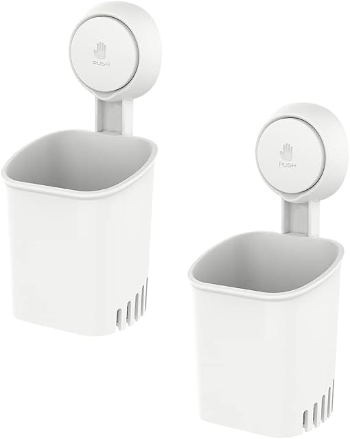 LEVERLOC Toothbrush Holder Suction Cup Toothbrush Organizer No Drilling Waterproof Wall Mounted Electric Toothbrush Holder for Toothpaste Razor Cup for Shower Bathroom Kitchen, 2 Pack