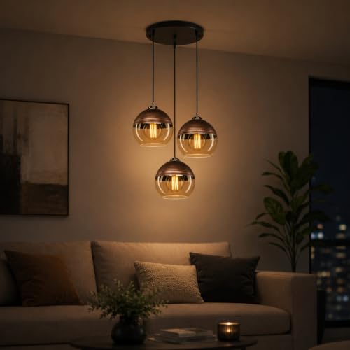 Image of Decorative Glass Pendant Light for Ceiling | Golden Luster Hanging Lamp with E27 Holder | Ceiling Light Chandelier for Living Room, Dining Area, Bedroom, Balcony & Cafes (Bulb Not Included)