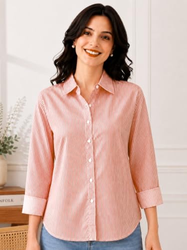 Image of Cotton Striped Shirt for Women with Long Sleeves, Ultra-Soft Cotton Blend, Regular Fit Womens Stylish Casual Shirt, Formal, Party, Beach, Summer Wear