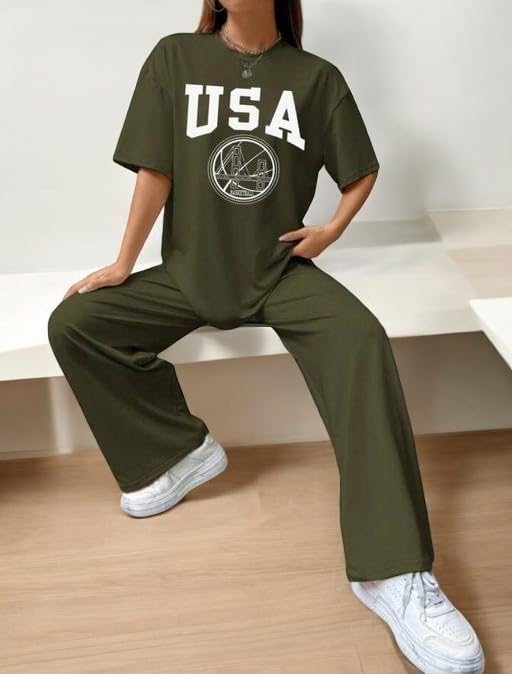 Image of My Swag USA Graphic Print Cotton Loungewear Set, T-Shirt and Pants, Casual Comfort Wear
