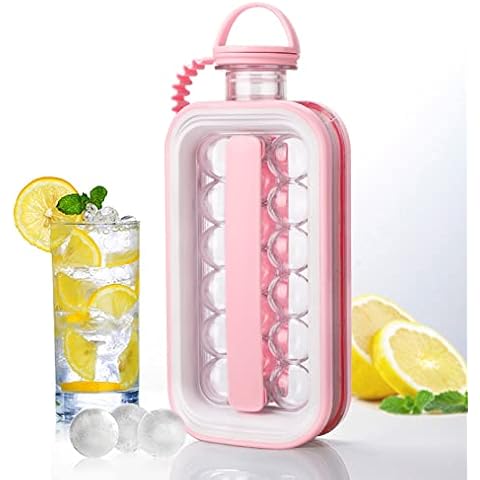 EESLL Ice Cube Trays,2 in 1 Portable Ice Ball Maker Kettle with 17 Grids Flat Body Lid Cooling Ice Pop,Round Ice Cube Mold Water Bottle,Ice Ball Kettle (Pink) Cover
