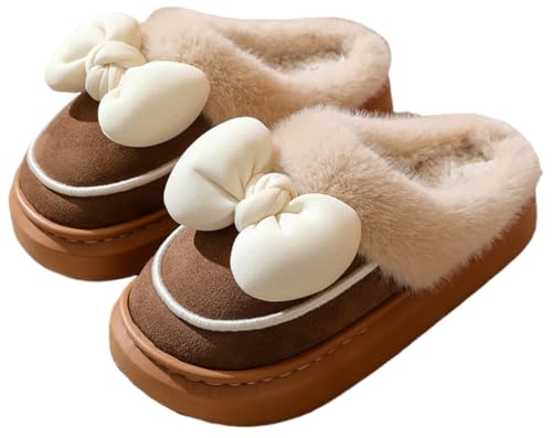 Women Bow Slipper for Fall Winter Thick Sole Indoor Cute Fuzzy Footwear Soft Warm Comfy Furry Outdoor Slippers
