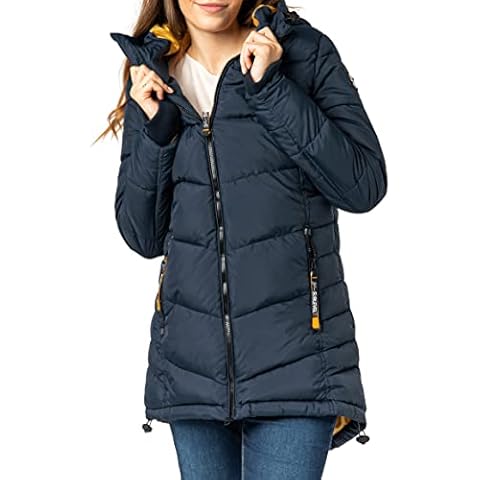 Sublevel Damen Stepp-Mantel mit Kapuze lang & tailliert Dark-Blue L Cover