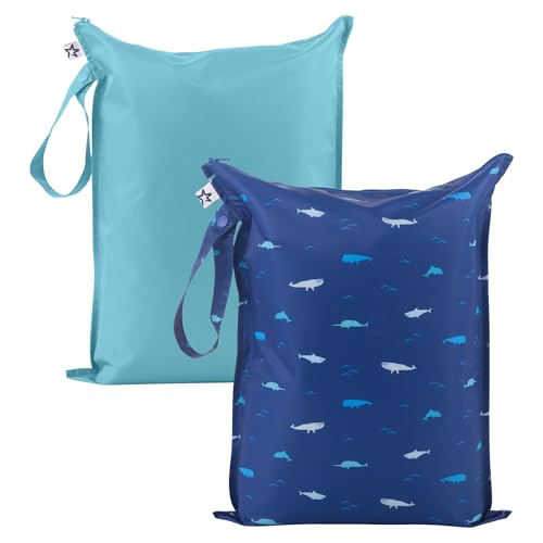 Image of Tiny Twinkle Mess Proof Wet Bags | 2-Pack Reusable Waterproof Wet Bags for Swimsuits | Baby Clothes | Travel & Diaper Bag (Ocean)
