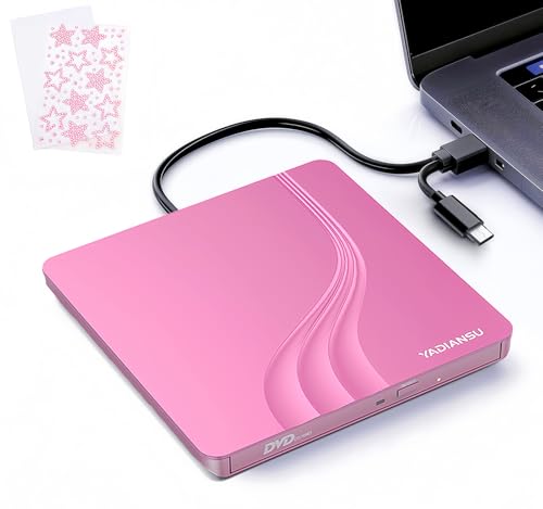 Image of External CD DVD Drive, 0.5″ Ultra Slim USB 3.0 Type-C DVD Player, CD DVD+ /-RW Optical Drive, Portable DVD CD Burner Reader Writer Recorder for Laptop, Desktop, Mac, Windows 11 /10 /8 /7, Linux, Pink
