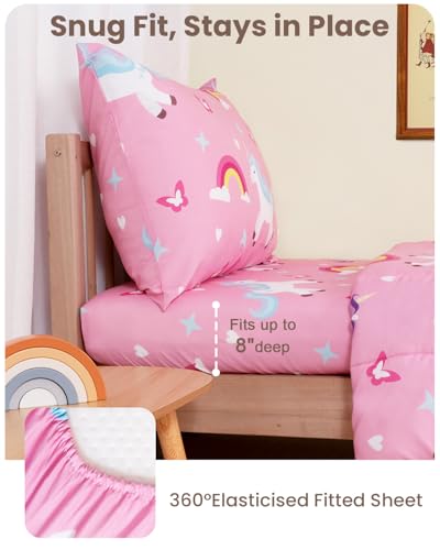 Image of TinyPalsa Toddler Bedding Set, 4-Piece Pink Rainbow Pony Comforter Set for Girls and Boys, Breathable Crib Bedding Includes Ultra-Soft Quilt, Flat & Fitted Sheets, Pillowcase