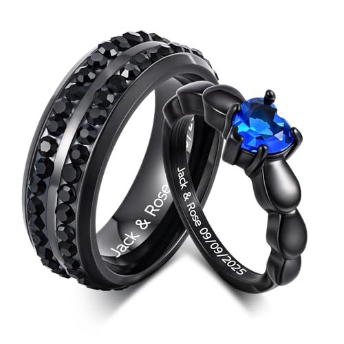 Personalized Wedding Engagement Promise Rings -Stainless Steel Cubic Zirconia Matching Rings,Custom Engrave Black Couple Ring Set Jewelry for Him Her,Christmas Valentine's Day Gift for Women Men