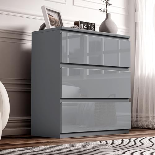 Image of Blisswood High Gloss Chest of Drawer, 3 Drawer Bedroom Chest of Drawer Bedside Table Cabinet for Bedroom Living room Furniture, Grey, 70W x 40D x 77H cm