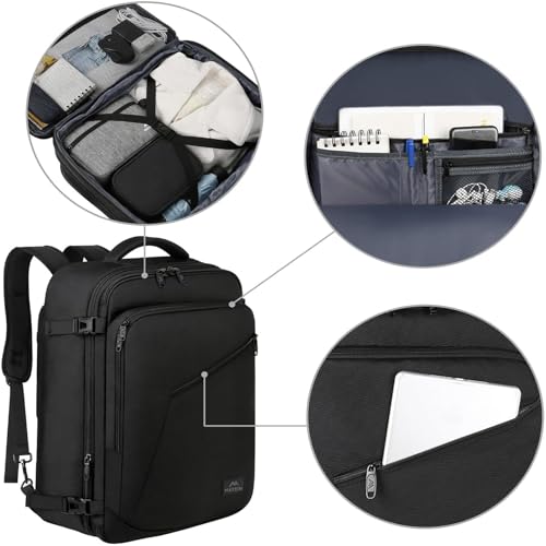 MATEIN Ryanair Handgepäck 40x30x20, Handgepäck Rucksack Flugzeug Herren 24L, Erweiterbar Rucksack 40x30x20 Ryanair Eurowings Reiserucksack Damen Travel Backpack Cabin Bag für Business, Reise, Schwarz