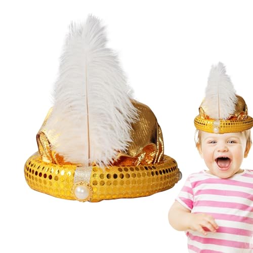 Sombrero de príncipe de , turbante de sultán con plumas y perlas, diseño de lentejuelas para un aspecto brillante, disfraz de noche árabe